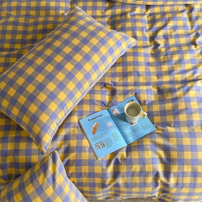 MKXI Purple & Yellow Plaid Duvet Cover Set - 3 Piece Washed Cotton Reversible Bedding King Soft Vintage Checkered Design with Zipper Closure & Corner Ties