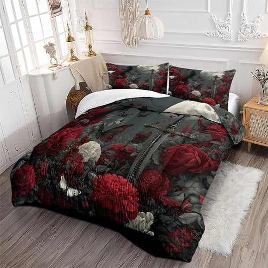 Women Gothic Red White Rose Comforter Set, Twin Size 2-Piece White Butterfly and Moon Comforter Sets for Girls Room Decor, 1 Comforter 68"x 90", 1 Pillowcase, Soft Microfiber All Season