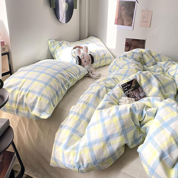 EAVD Buffalo Plaid Duvet Cover Queen Soft Washed Cotton Bedding Set Yellow Blue Grid Checkered Bedding Set with 2 Pillowcases Vintage Style Gingham Duvet Cover with Zipper Closure