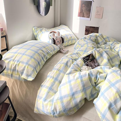 EAVD Buffalo Plaid Duvet Cover Queen Soft Washed Cotton Bedding Set Yellow Blue Grid Checkered Bedding Set with 2 Pillowcases Vintage Style Gingham Duvet Cover with Zipper Closure