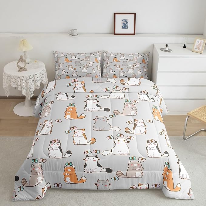 Cartoon Cat Bedding Set King For Kids Boys Girls, Butterfly Decor Comforter Room Decor, Kawaii Animal Kitten Duvet Set Cute Pet Theme Down Comforter, White Gray Orange Garfield Bedding Comforter Sets