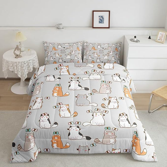 Cartoon Cat Bedding Set King For Kids Boys Girls, Butterfly Decor Comforter Room Decor, Kawaii Animal Kitten Duvet Set Cute Pet Theme Down Comforter, White Gray Orange Garfield Bedding Comforter Sets