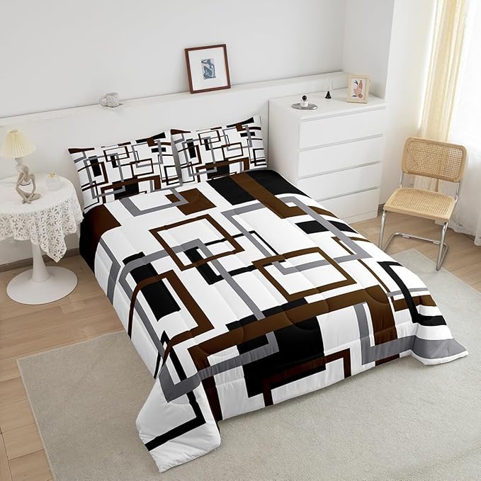 Erosebridal Geometric Comforter Set for Adult,Vintage Black and Grey Brown Bedding Set Full Size,Modern Farmhouse Quilt Set Home Room Decor,Grid Pattern Duvet Insert with 2 Pillow Shams All Season