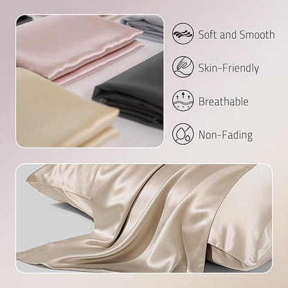 Mulberry Silk Pillow Cases Set of 2, Both Sides Real Silk Pillow Cover for Hair and Skin Prevent Acne Pillowcase Organic Silk Pillowcase 2 Pack with Hidden Zipper, Champagne, Queen (20"×30")