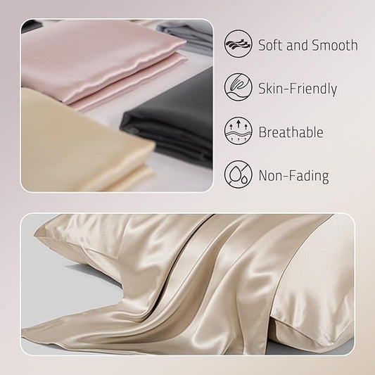 Mulberry Silk Pillow Cases Set of 2, Both Sides Real Silk Pillowcase for Hair and Skin Prevent Acne Pillowcase Organic Silk Pillowcase 2 Pack with Hidden Zipper, Champagne, Standard (20"×26")
