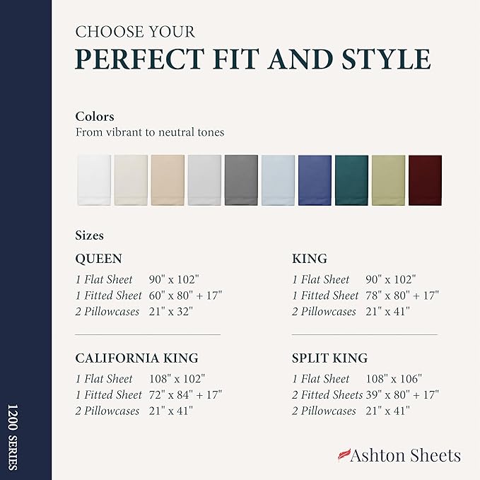 Ashton Sheets 100% Egyptian Cotton King Size Sheets Set - Luxury 1200 Thread Count Egyptian Cotton Sheets King Size, Silky Soft, Cooling, Sateen Weave 17" Deep Pocket Bed Set - White
