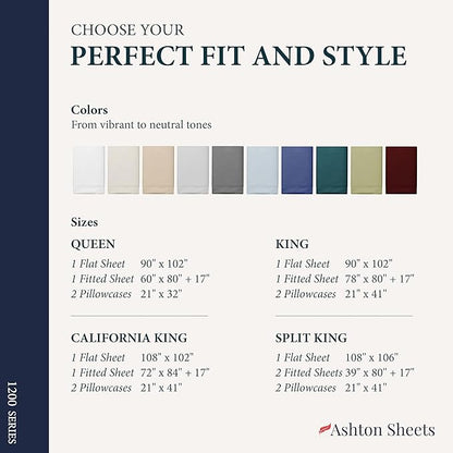 Ashton Sheets 100% Egyptian Cotton Sheets King Size - 1200 Thread Count King Size Sheets Set Egyptian Cotton, 4 PC Luxury Bedsheet (Sage Green), Soft, Cooling, 17" Deep Pocket Sateen Bedsheet Set