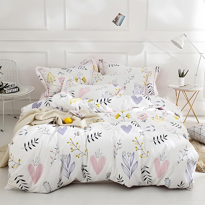 HighBuy Girls Comforter Set Twin XL White Pink Floral Bedding Sets for Kids Girl Cottagecore 3 Piece Botanical Bedding Comforter Boho Bed Set,1 Comforter and 2 Pillowcases for All Season,Twin XL