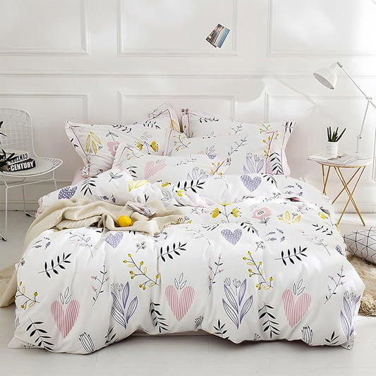 HighBuy Girls Comforter Set Twin XL White Pink Floral Bedding Sets for Kids Girl Cottagecore 3 Piece Botanical Bedding Comforter Boho Bed Set,1 Comforter and 2 Pillowcases for All Season,Twin XL