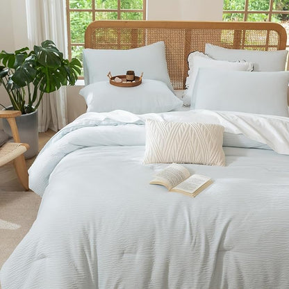 King Comforter Set Glacier Blue, 3 Pieces Double-Layer Crinkle Gauze Soft Bedding for All-Season Lightweight Warmth with 2 Pillowcases