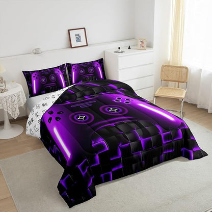 Gaming Full Size Bedding Sets For Kids Boys Teen Girls Game Controller Comforter Set 3Pcs Gamer Bedding For All Season,Purple And Black Geometric Checkered Quilt Set For Young Men,Soft Lightweight