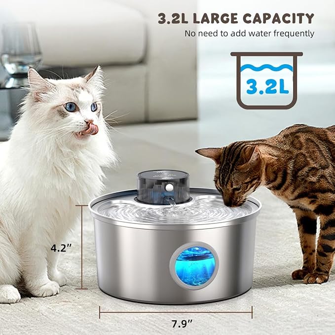 Casfuy PWL-003 Smart Motion Sensor Cordless Stainless Steel Dog & Cat Water Fountain, 108-oz