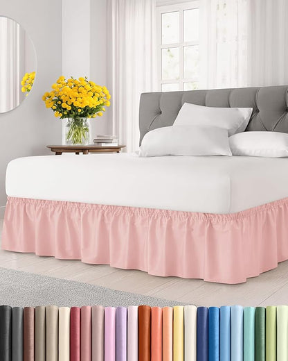 Wrap Around Dust Ruffle Bed Skirt - Baby Pink - Full Size Beds w/ 12 Inch Drop - Easy Fit Elastic Strap - Adjustable Pleated Bedskirt w/Brushed Fabric - Wrinkle Free - Women, Men, Kids & Teens