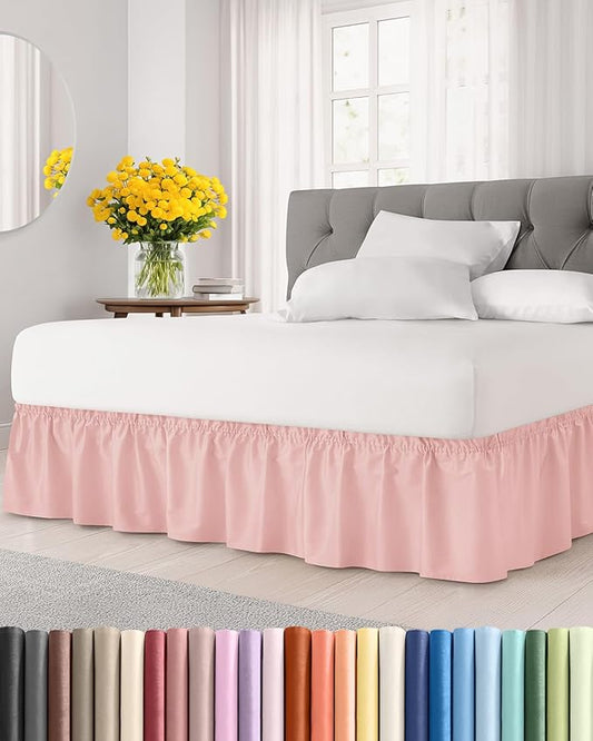 Wrap Around Dust Ruffle Bed Skirt - Baby Pink - Full Size Beds w/ 12 Inch Drop - Easy Fit Elastic Strap - Adjustable Pleated Bedskirt w/Brushed Fabric - Wrinkle Free - Women, Men, Kids & Teens