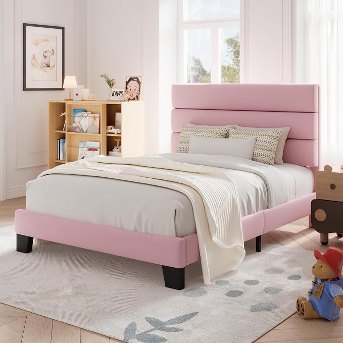 Allewie Twin Size Platform Bed Frame with Velvet Upholstered Headboard Pink | Wooden Slats Support, Fully Upholstered Mattress Foundation, No Box Spring Needed, Easy Assembly, Noise-Free, Pink