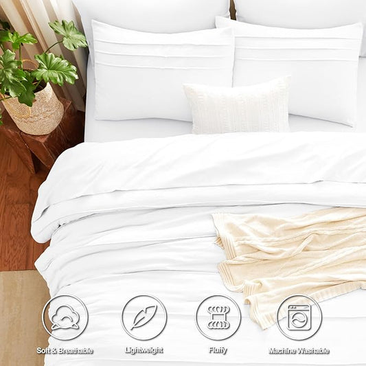 CozyLux King Size Comforter Set White, 7 Pieces Soft Pinch Pleat Bed in a Bag King Comforter Set with Sheets, Boho Bed Set with Down Alternative Comforter, Sheets, Pillowcases & Shams