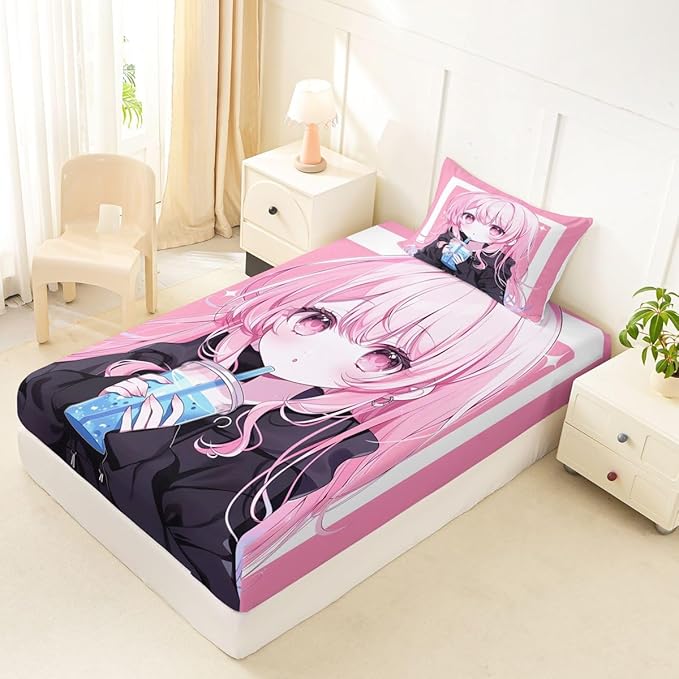 Erosebridal 3D Japanese Twin Bed Sheets Anime Girl Drinking Milk Tea Fitted Sheet,Cute Kawaii Girly Kids Bedding Sets Modern Fashion Aesthetic Sheets with 1 Pillowcase