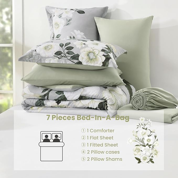 Floral Comforter Set Queen Size,7 Piece Sage Green Bed in a Bag, Elegant Flower Pattern Comforter Set with Sheet, Soft Microfiber Complete Bedding Sets for All Season