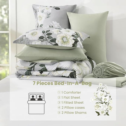 Floral Comforter Set Queen Size,7 Piece Sage Green Bed in a Bag, Elegant Flower Pattern Comforter Set with Sheet, Soft Microfiber Complete Bedding Sets for All Season