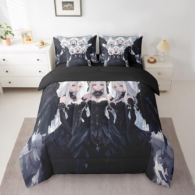 Erosebridal Japanese Anime Bed in A Bag Queen Comforter Set 7 Piece, Anime Girl Bedding Sets Kawaii Japanese Style Sheet Set with Comforter Cartoon Japan Animation Bedroom Decor, Black