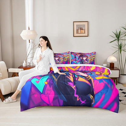 Erosebridal Anime Girl King Comforter Set 7 Piece, Japanese Anime Bedding Set for Kids Girls Teens Adult Bedroom, Cartoon Girl Bed in A Bag Kawaii Japanese Animation Sheet Set, Purple