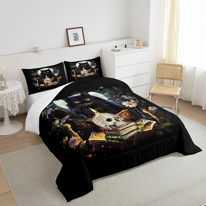 Kids Cat Bedding Set,Sugar Skull Crow and Daisy Flower Garden Comforter Set for Teens Girls Boys Adult Bedroom Decor,Black Pet Cat Plants Quilt Set Moon Night Stars Print Duvet Insert 2Pcs