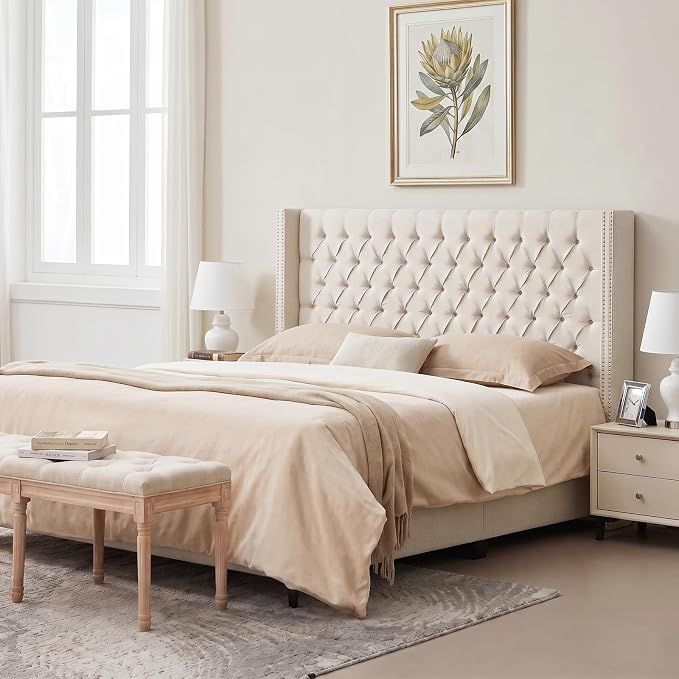 Madison Park Amelia Upholstered Headboard | Nail Head Trim Wingback Button Tufted | Queen, Cream