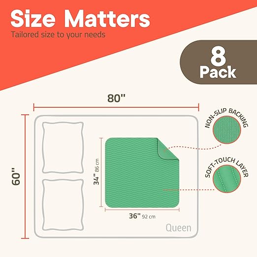 Washable Underpads Large 34"x36" (Pack of 8) – Reusable Waterproof Bed Pads for Adults & Seniors, Extra Heavy Absorbency Incontinence & Bedwetting Pads, Soft Non-Slip TPU Backing, Green.