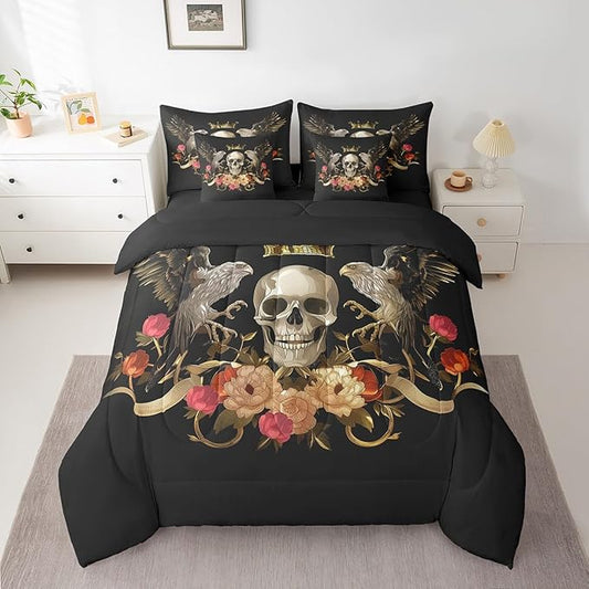 Erosebridal Sugar Skull Comforter Set 7 Piece Bed in a Bag Twin,Eagle Bedding Sets Bohemian Flowers Sheet Set with Comforter