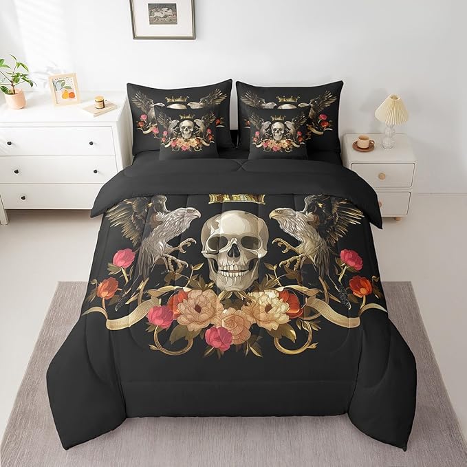 Erosebridal Sugar Skull Bed in a Bag King Size Comforter Set 7 Pieces,Eagle Bedding Sets Bohemian Flowers Sheet Set with Comforter