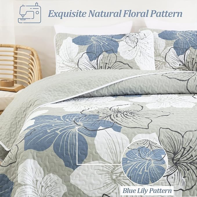 DJY 3 Pieces Quilt Set Queen Floral Pattern Coverlet Elegant Boho Bedspread with 2 Pillow Shams Lightweight Microfiber Bedding All Season (Blue, 90"x96")