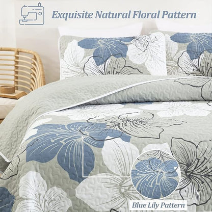 DJY 3 Pieces Quilt Set Queen Floral Pattern Coverlet Elegant Boho Bedspread with 2 Pillow Shams Lightweight Microfiber Bedding All Season (Blue, 90"x96")