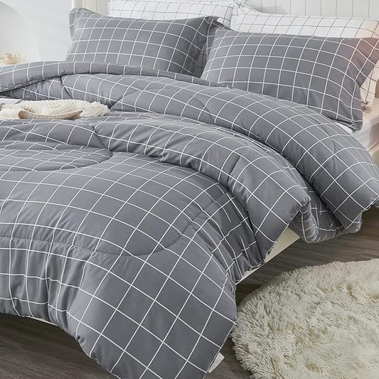 Andency Grey Grid Comforter Set King Size (104x90 inch), 3 Pieces (1 Grey Comforter and 2 Pillowcases), Summer Lightweight Microfiber Down Alternative Bedding Comforter Sets with White Lines