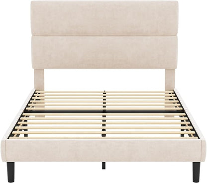 GRUSIGN Full Size Platform Bed Frame with Velvet Headboard, Adjustable Height Wooden Slats Support, Upholstered Mattress Foundation, Fits Mattress or Mattress with Box Spring, Easy Assembly, Beige