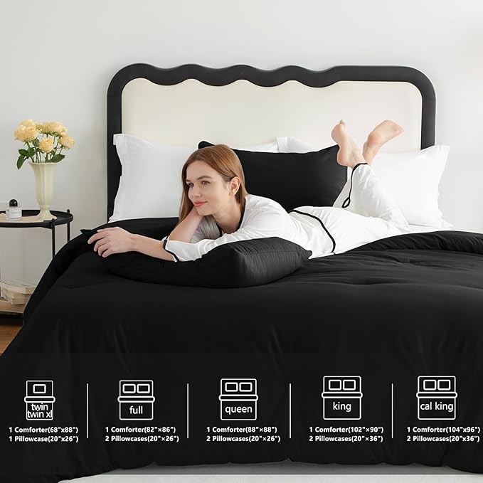 CozyLux Twin/Twin XL Comforter Set Black, 2 Pieces Twin Extra Long Solid Breathable Bedding Sets for College Dorm, Luxury Soft Bed Set with Down Alternative Comforter and 1 Pillowcase All Seasons
