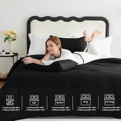 CozyLux Comforter Full Size Set Black, 3 Pieces Solid Lightweight Soft Bed Set for All Season, Luxury Breathable Quilted Style Microfiber Down Alternative Bedding Sets (1 Comforter & 2 Pillowcases)