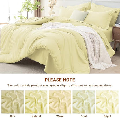 MUXHOMO 7 Pieces King Comforter Set, Soft Bed in a Bag King Size, All Season Bedding Set with Comforter, Flat Sheet, Fitted Sheet, Pillowcases & Shams, Cream Yellow