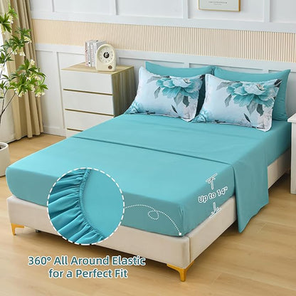 Dobuyly Floral Comforter Set King Size 7 Piece Bed in a Bag, Aqua Flowers on Light Blue Comforter Set with Sheets, Soft Microfiber Botanical Complete Bedding Set for All Season