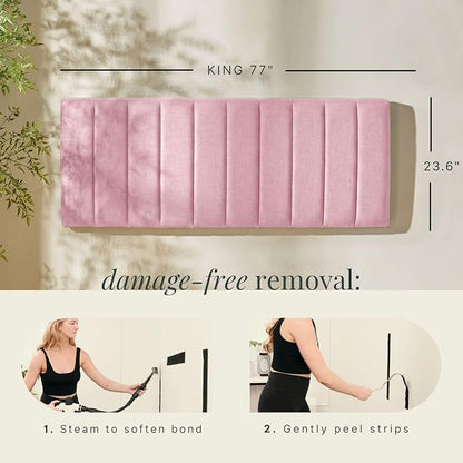 Hearth & Harbor Wall Mounted King Headboard Only, Bed Headboard King Size | Easy Assemble, Floating Peel and Stick, Upholstered, Channel Stitched, 3D Wall Panels, 5 Strips of 3M Tape Included, Pink