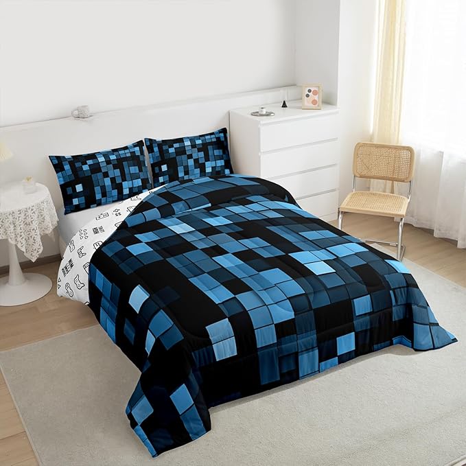 Pixelated Blocks Kids Bedding Set Queen Size,Patchwork Square Video Games Comforter Set，Geometric Patchwork Grid Quilt Comforter,Blue Bedroom Duvet Insert,2 Pillowcases