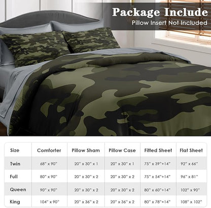 Comforter Set Twin Size, Army Camouflage Camo 5 Pcs Bedding for Kids and Adults, Military French Green Bed Sheet Sets with Fitted Sheet Pillowcase & Sham for Bedroom Bed Decor