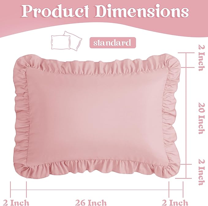 KKJIAF Ruffle Pillow Cases Standard Size Set of 2, Ruffled Pillow Covers with Envelope Closure, Wrinkle Resistant Pillowcases 20" x 26", Ruffled Pillow Shams, Light Pink