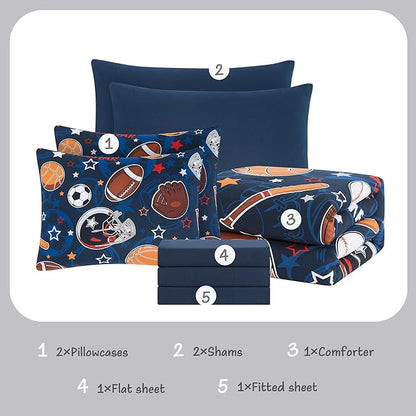 Full Kids Comforter Set - 7 Pieces Full Bedding Sets for Boys Teen, Glow in The Dark Sports Ball Games Bed in A Bag with Sheets