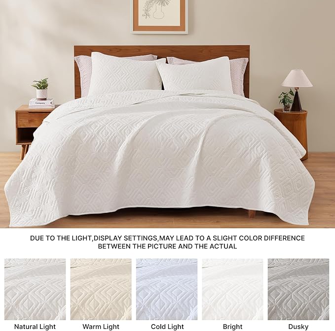 WRENSONGE Queen Quilt-3 Pieces Geometric White Bedspreads Queen Size Quilt Bedding Set for All Seasons,Soft Summer Coverlet with 2 Pillow Shams Suitable for Bed, Couch, Quilted Blanket