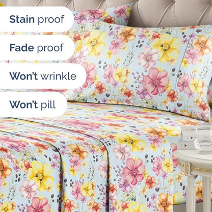 Floral Sheets - Watercolor Floral Bed Sheet Set - 1 Flat, 1 Fitted & 2 Pillowcases w/ Deep Pockets - Wrinkle & Fade Free - Boho Botanical Bedding - Ultra-Soft, Breathable and Cooling - Queen Size
