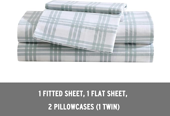 Eddie Bauer - Full Sheets, Cotton Percale Bedding Set, Crisp & Cool Home Decor (Light Green Plaid, Full)