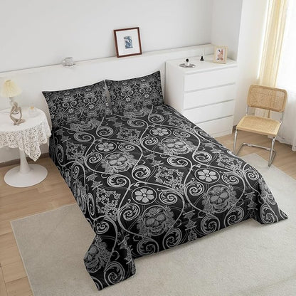 Feelyou Adults Grey Vintage Damask Floral Comforter Set Oriental Antique Comforter Twin Size Exotic Sugar Skull Rose Bedding Set Gothic Bohemia Boho Duvet Set Quilt Set 2Pcs