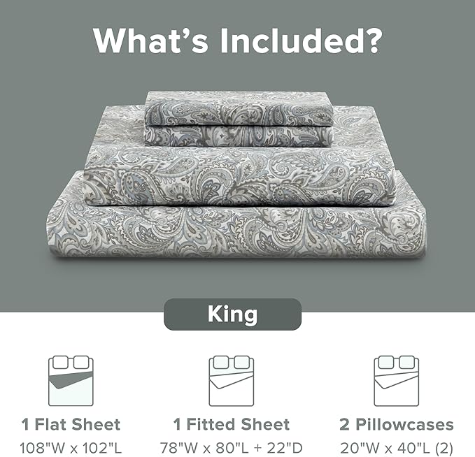 Comfort Spaces Extra Deep Pocket, 100% Cotton King Fits up to 24" Mattress, Breathable, Naturally Cool Cotton, Soft Cotton Sheets, All Seasons Sheet Set, Paisley 4 Piece