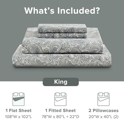Comfort Spaces Extra Deep Pocket, 100% Cotton King Fits up to 24" Mattress, Breathable, Naturally Cool Cotton, Soft Cotton Sheets, All Seasons Sheet Set, Paisley 4 Piece