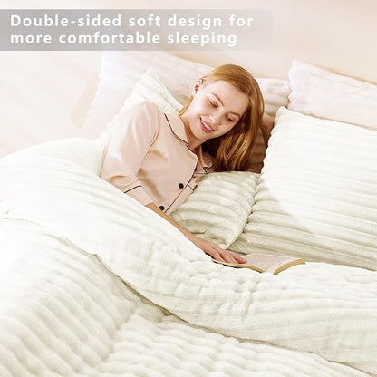 CozyLux Fluffy Full Size Comforter Sets - Super Soft Faux Fur Cream White Comforter Full Size, Winter Warm Fleece Bedding Set, 3 Pieces Plush Fuzzy Bed Set (1 Shaggy Comforter, 2 Pillowcases)